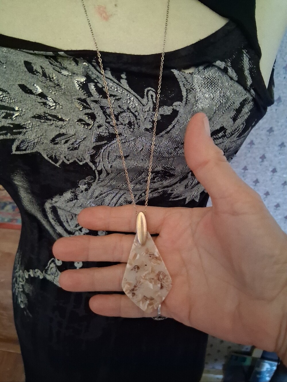 Handmade Beige Floral Resin Teardrop Pendant Necklace
